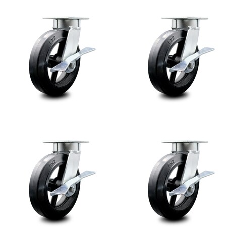 Service Caster 8 Inch Kingpinless Rubber on Steel Wheel Swivel Caster Set with Brakes SCC SCC-KP30S820-RSR-SLB-4